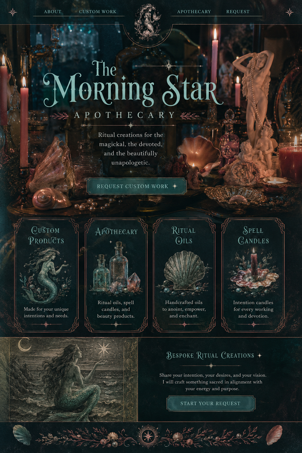The Morning Star Apothecary homepage with a dark sea-witch altar, candles, shells, bottles, ritual kits, oils, spell candles, and beauty pieces.